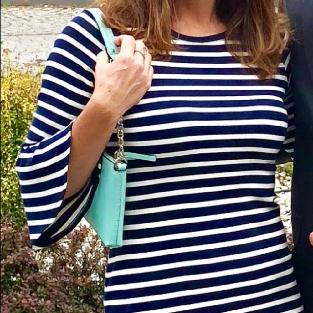 Striped navy dress by Karen Kane.
